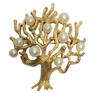 Trifari Crown Over T Faux Pearl Bonsai Tree Of Life Brooch, Signed